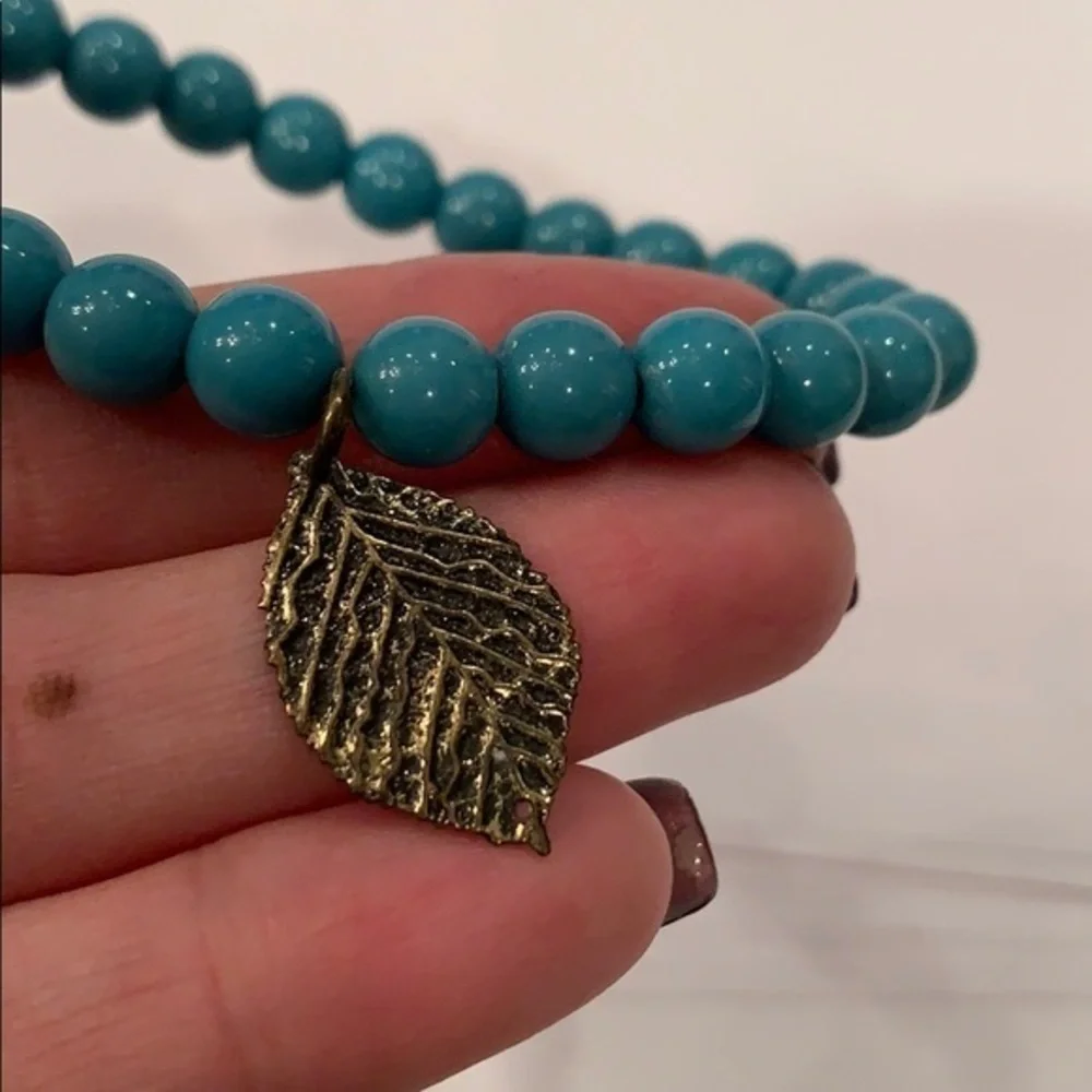 💐5/25 gold leaf turquoise acrylic beads stretch